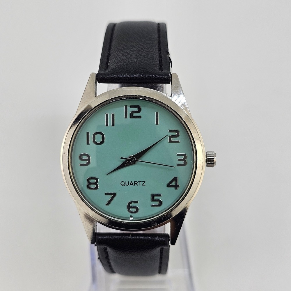 35MM Women's Watch Aqua Dial Black Faux Leather‎ Bands New Battery